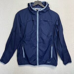 Orvis Mens Size Medium Ultralight Storm 2.5L Full Zip Rain Jacket With Hood Navy